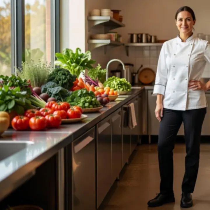 Executive Chef Amelia Ward standing in a bright Australian restaurant kitchen
