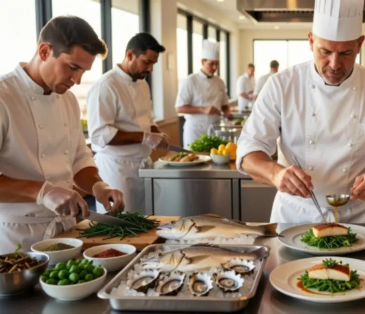 Head Chef plating a refined coastal-inspired dish in the kitchen