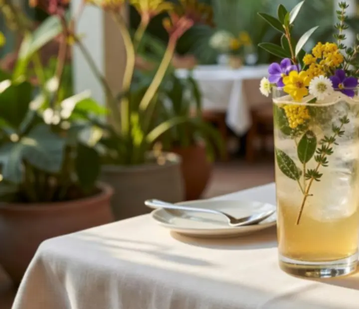 Garden-infused mocktail with fresh citrus and herbs at Potand Peppeer