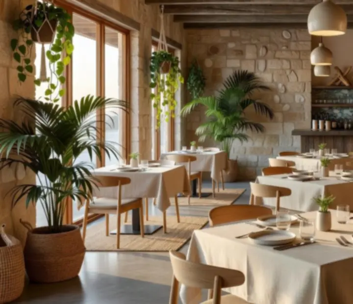 Sunlit Australian coastal dining room at Potand Peppeer with linen-dressed tables and warm pendant lights