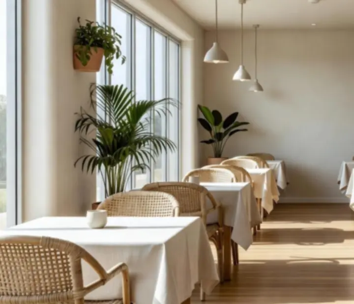 Sunlit interior of Potand Peppeer with ivory walls, linen-dressed tables and coastal greenery