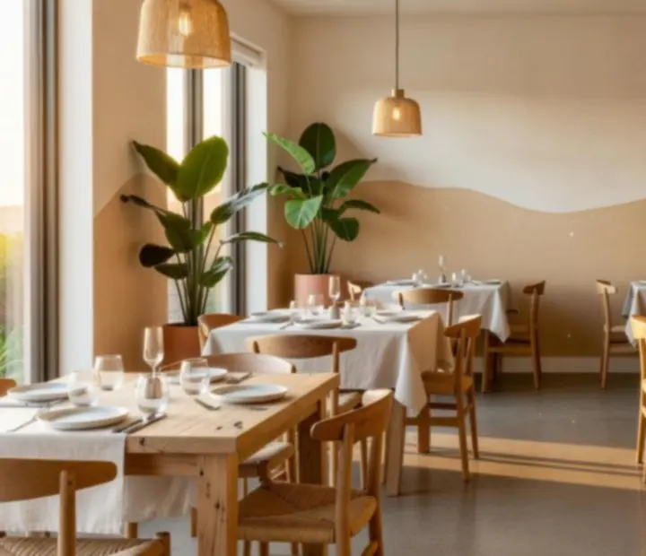 Sunlit Australian dining room at Potand Peppeer with linen-dressed tables and coastal details
