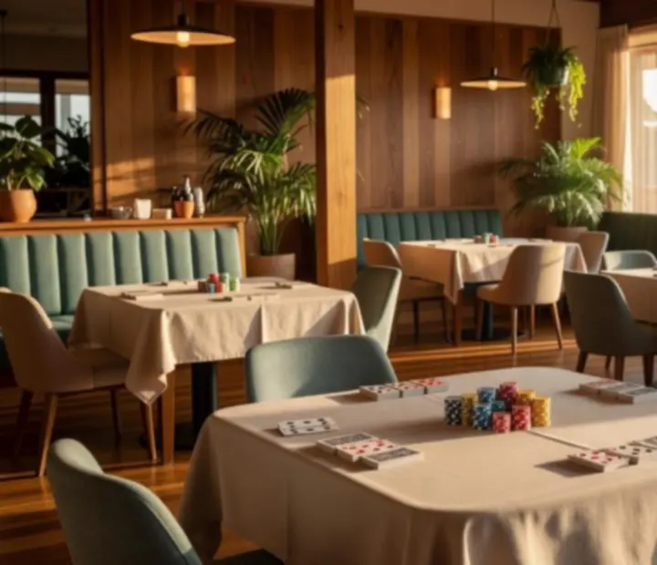 Bright Australian restaurant dining room during golden hour prepared for an evening of social poker.