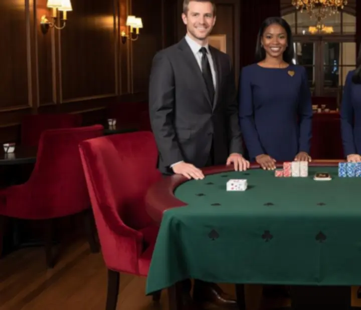 Professional poker hosts and dealers preparing tables inside the restaurant