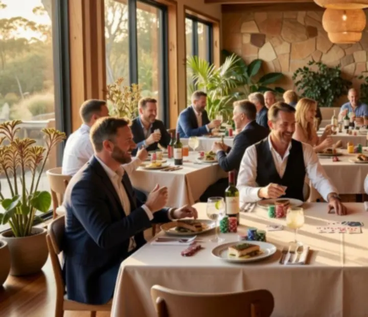 Sunlit Australian restaurant dining room prepared for a hosted poker evening