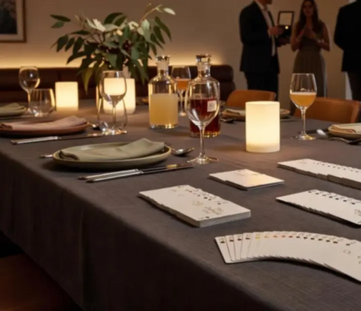 Poker table prepared with cards, chips, and drinks in a bright restaurant setting.