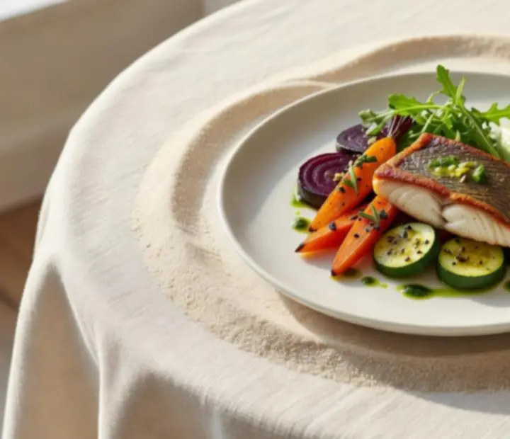 Seasonal Australian signature dish plated on a light ceramic plate with fresh coastal garnishes