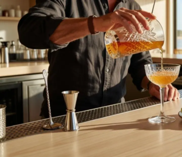 Bartender pouring a signature cocktail at Potand Peppeer's bright coastal bar