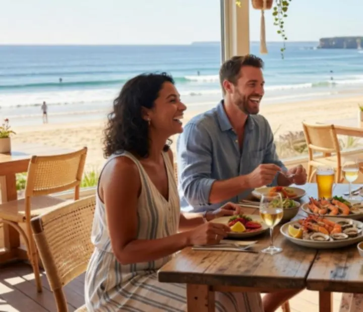 Group of guests smiling and dining together at Potand Peppeer Coastal Ivory Social Club
